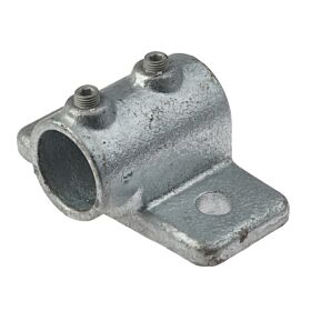 A galvanized metal cast fascia board bracket featuring a pipe sleeve, two hex screws, and a flat mounting base.