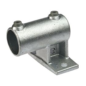 A hot-dip galvanized cast iron offset railing side support with a horizontal pipe opening and two adjustable hex set screws.
