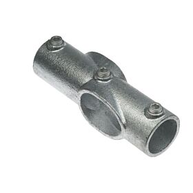 A galvanized steel variable cross connector fitting with set screws for securing pipes at specific angles on white background.
