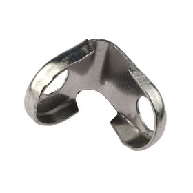 A close-up of a U-shaped 8mm stainless steel strut holder featuring two mounting holes on a white background.