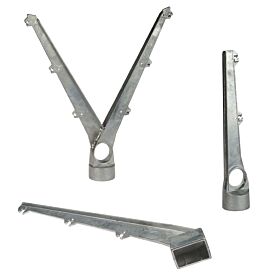 Three styles of silver-colored aluminum barbed wire heads for industrial fencing, including V-shaped and single-arm angled post extensions.
