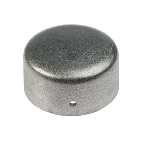 A close-up view of a plain silver round aluminum post cap with a small hole on the side.
