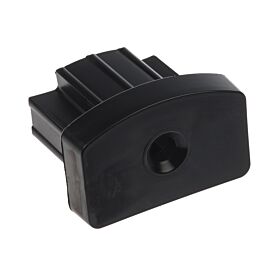 A black nylon end piece for tunnel profiles featuring a ribbed insertion base and a flat face with a hole.