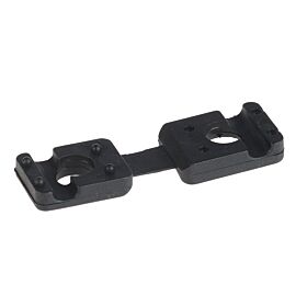 A black plastic clamping pin with two rectangular sections and central holes, designed for industrial mounting on a white background.