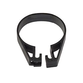 Close-up of a circular black plastic brace featuring a split design with hooks for mounting tension rods or pipes.