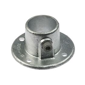 Silver hot-dip galvanised cast iron wall flange with a circular base, mounting holes, and a pipe socket set screw.