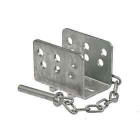 A U-shaped hot-dip galvanised steel locking clamp featuring multiple holes and a tethered metal pin for secure fastening.