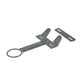 A hot-dip galvanized metal teat bucket holder set featuring a ringed arm and separate flat metal mounting plates.