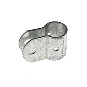 A sendzimir galvanised steel omega clamp featuring a circular opening for pipes and two flat, pre-drilled mounting holes.