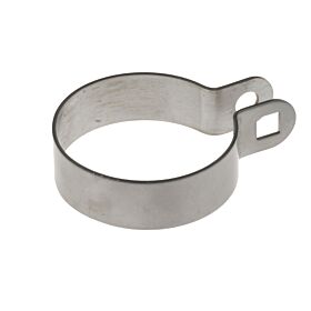 A circular stainless steel end bracket featuring two mounting tabs with square and round holes for securing pipes.