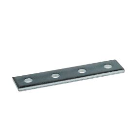 Close-up of a flat rectangular electro galvanized metal rail connector featuring four evenly spaced holes for secure structural mounting.