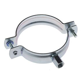 A shiny metal two-piece pipe clamp with electro-galvanized finish, featuring two side screws and a threaded mounting nut.