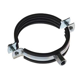 An electro-galvanized metal pipe clamp featuring a black rubber lining and an M8/M10 threaded boss for mounting.