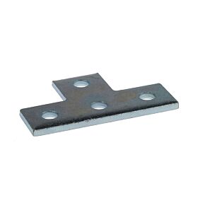 A silver electro galvanized T-shaped metal connector bracket featuring four pre-drilled holes for securing 41mm strut rail systems.