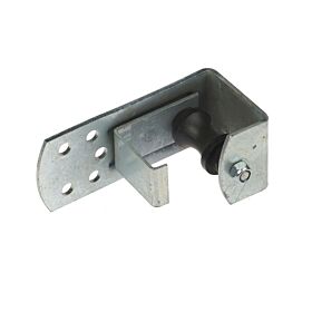 An electrolytically zinc plated metal bracket with a black plastic diabolo roller and multiple mounting holes on a white background.