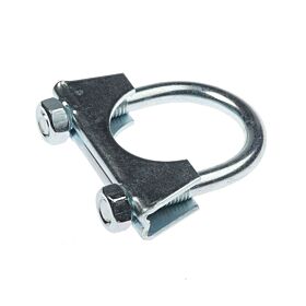 A silver, zinc-plated M8 exhaust U-bolt clamp featuring a saddle and two nuts on a white background.