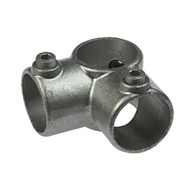 A hot-dip galvanized three-way cast iron tube connection fitting with set screws for secure pipe assembly and corner joining.