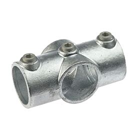 A silver hot-dip galvanized cast iron cross connection fitting with three grub screws for securing pipes in structural rail projects.