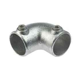A durable hot-dip galvanised cast iron 90-degree 2-way elbow tube clamp fitting with two hex socket set screws.