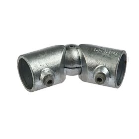 Hot-dip galvanised cast iron swivel elbow fitting with two adjustable pipe sockets and hex set screws for secure connections.