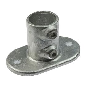 A hot-dip galvanised cast iron base flange for railings with an oval base and two securing set screws.
