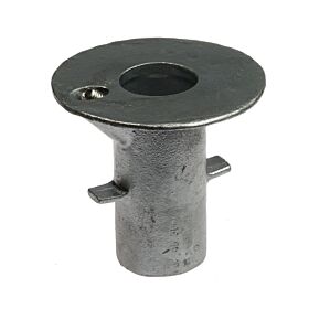 Industrial hot-dip galvanised cast iron ground socket featuring a top flange with a set screw for pipe mounting.