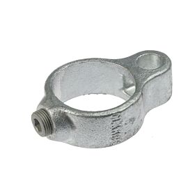 A hot-dip galvanised cast iron gate eye pipe clamp with a set screw for secure mounting on metal railings.
