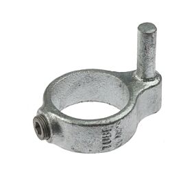 A hot-dip galvanised cast iron gate hinge male part featuring a vertical pin and an adjustable hex grub screw.