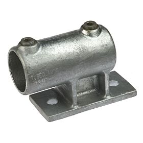Heavy-duty galvanised cast iron vertical railing side support with two set screws and a rectangular mounting base for pipe attachment.