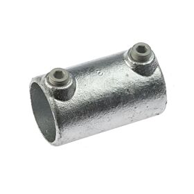 A silver hot-dip galvanised cast iron sleeve joint pipe fitting with two hex-head set screws for connecting pipes.