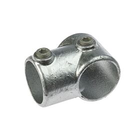 A galvanized silver cast T-clamp pipe fitting featuring two grub screws for securing industrial pipes at an angled joint.