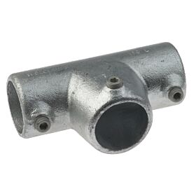A durable galvanized iron cast T-clamp with three hexagonal set screws designed for securing metal pipe rail structures.