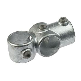 A hot-dip galvanized cast iron combination socket fitting featuring three pipe openings and three integrated hex-head set screws.