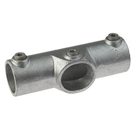 A heavy duty galvanized steel T-clamp with three set screws for securing pipes at angles between eleven and thirty degrees.
