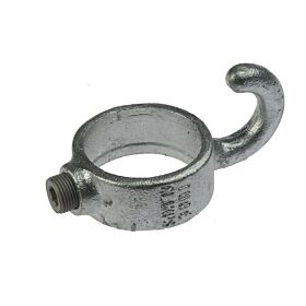 A durable grey hot-dip galvanized cast iron hook collar fitting featuring an integrated grub screw for secure pipe attachment.