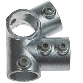 Galvanized cast iron angle pipe fitting with set screws for joining structural tubes at specific angles for industrial use.
