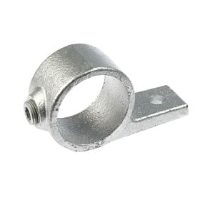 Hot-dip galvanised cast iron fixing bracket with a circular pipe clamp, securing screw, and a flat tab for surface mounting.