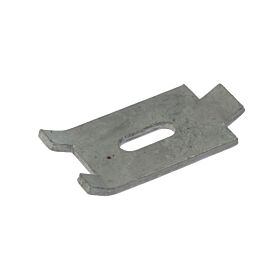 A hot-dip galvanised metal angle joint plate with a central slot used for connecting double rod mesh fence panels.
