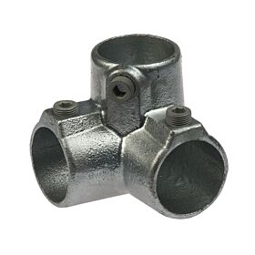 Heavy-duty hot-dip galvanised cast iron three-way 90-degree elbow pipe fitting with set screws for secure connections.