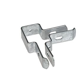 A galvanised metal corner bracket designed for double rod mesh fencing with a 60x40mm box profile and pre-drilled holes.