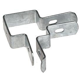 A silver galvanized steel corner bracket with pre-drilled holes, designed for mounting double rod mesh to 60x60mm box profile posts.