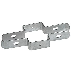 A silver hot-dip galvanized metal clamp bracket designed for 60x60mm square posts to secure double bar mesh fence panels.