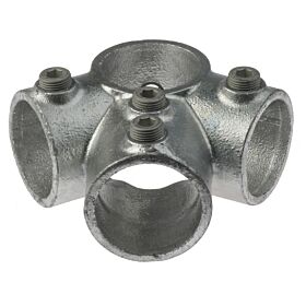 A galvanized cast iron T-clamp pipe fitting with multiple socket openings and hex-head set screws for securing metal tubes.
