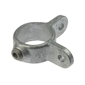 A galvanized metal molded hinge portion featuring a circular pipe clamp with a set screw and two mounting tabs.