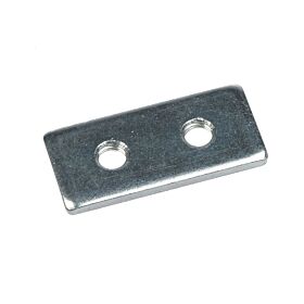 A rectangular metallic plate with a galvanized finish and two threaded holes positioned centrally for mounting applications.