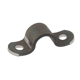 A sturdy black metal saddle bracket strip featuring two mounting holes, designed for securely fastening pipes to flat surfaces.