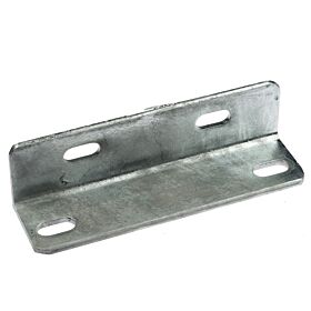 An L-shaped hot-dip galvanised steel corner piece with four oval mounting holes, displayed against a white background.
