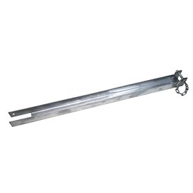 A long hot-dip galvanised steel throw-over latch with a pin and chain for securing heavy-duty double gates.