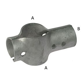 A heavy-duty hot-dip galvanised two-part metal T-clamp for pipe connections, featuring clear assembly labels A and B.