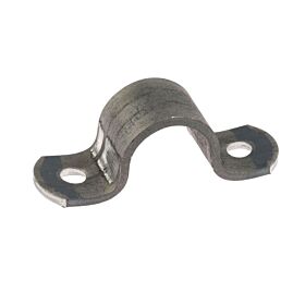 Durable metal saddle bracket strip used for securing pipes, featuring two pre-drilled holes for easy installation on flat surfaces.